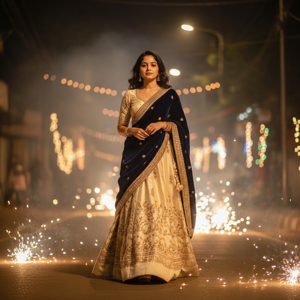 Generated output for Stylish Young Indian Woman on Diwali Night